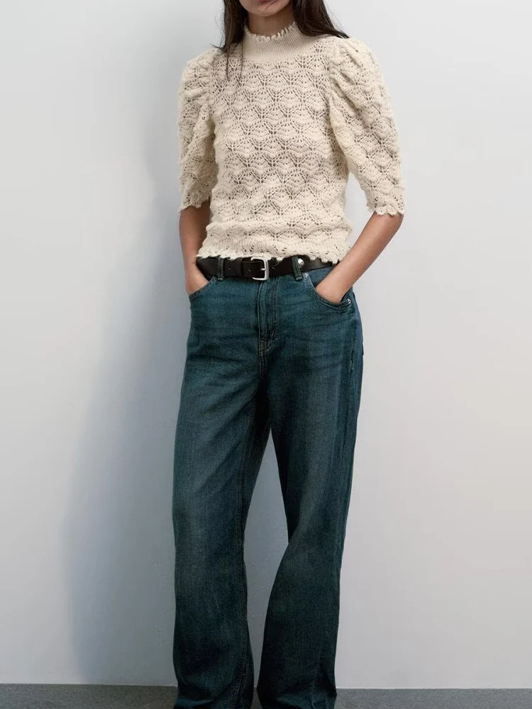 Estilo europeo y americano otoño nueva moda casual mujer delgado romántico acanalado burbuja manga corta suéter de cuello alto