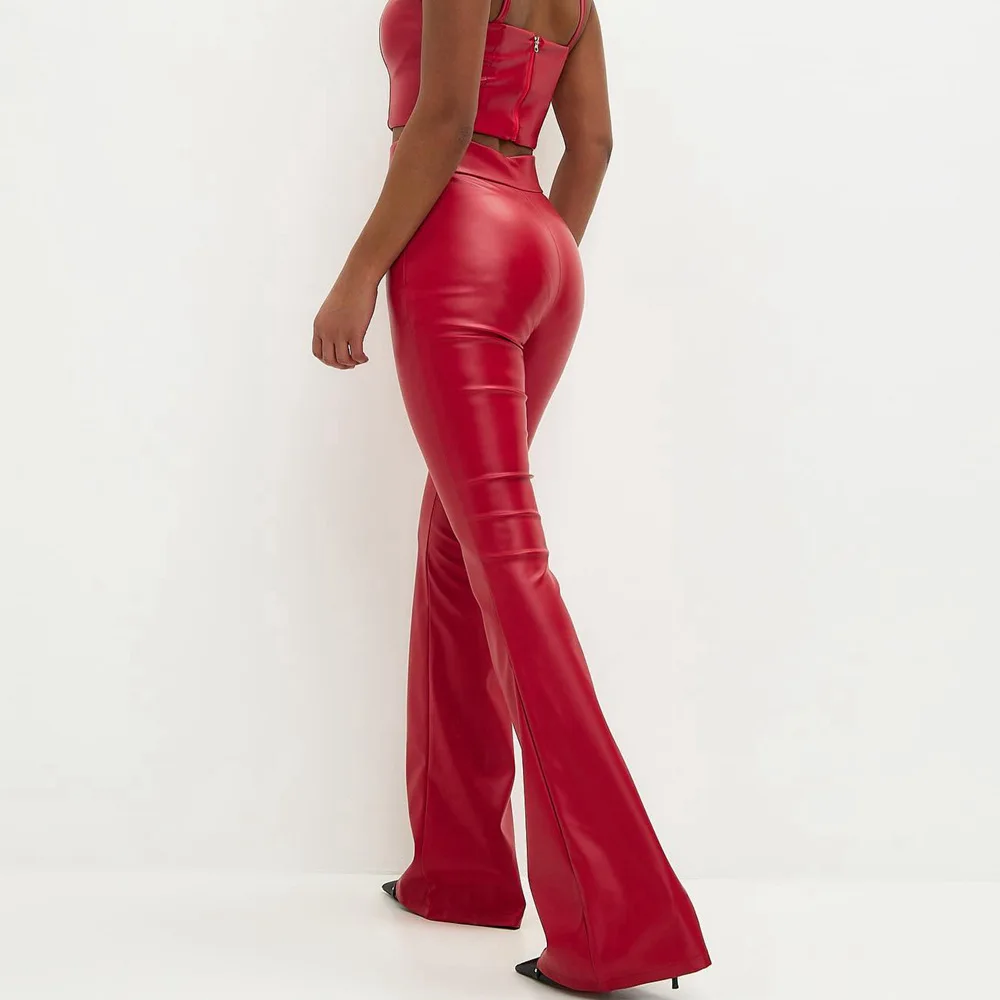 Vintage PU Leather Flared Pants For Women Bodycon Bell Bottom Pants Clubwear Ladies Slim Fit High Waisted Trousers Pantalones