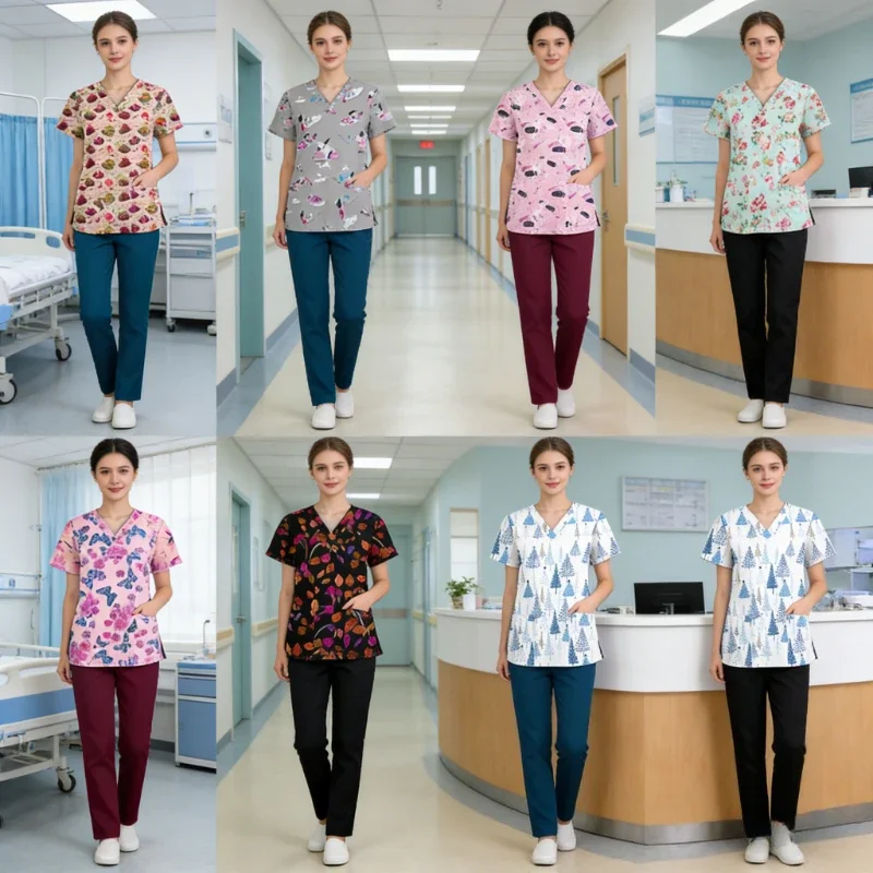 printed-medical-uniform-with-solid-pants-comfortable-fabric-two-piece-set-ideal-for-clinic-hospital-and-daily-medical-workplaces