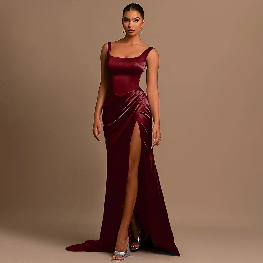 

Custom Made Simple Square Colalr Satin Fomral Bridal Evening Dress Sheath Floor Length Backless Prom Party Gown Vestidos de