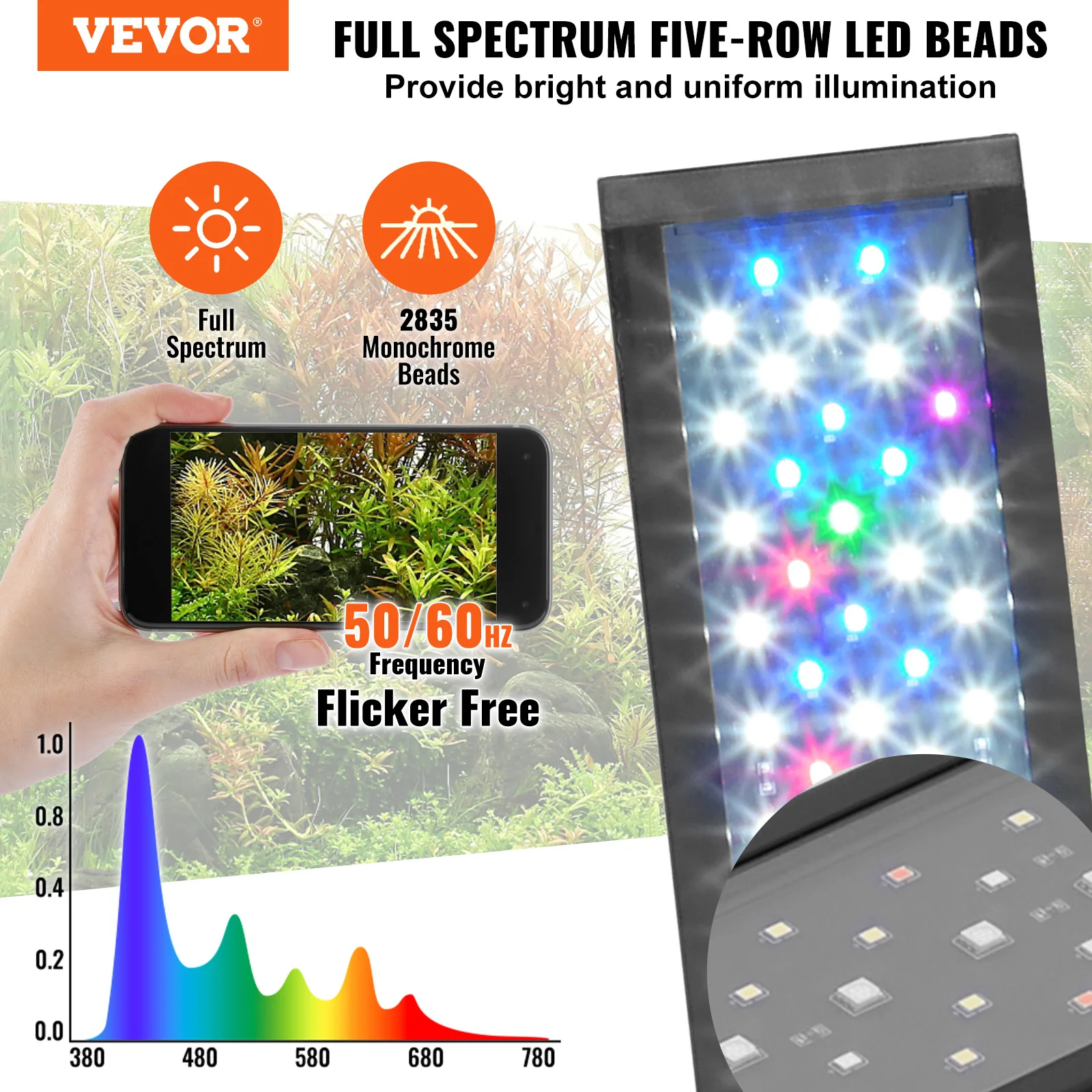 VEVOR Aquarium Light 26W Full Spectrum Fish Tank Light w/ Adjustable Brightness&Timer Power-Off Memory for Freshwater Fish Tank