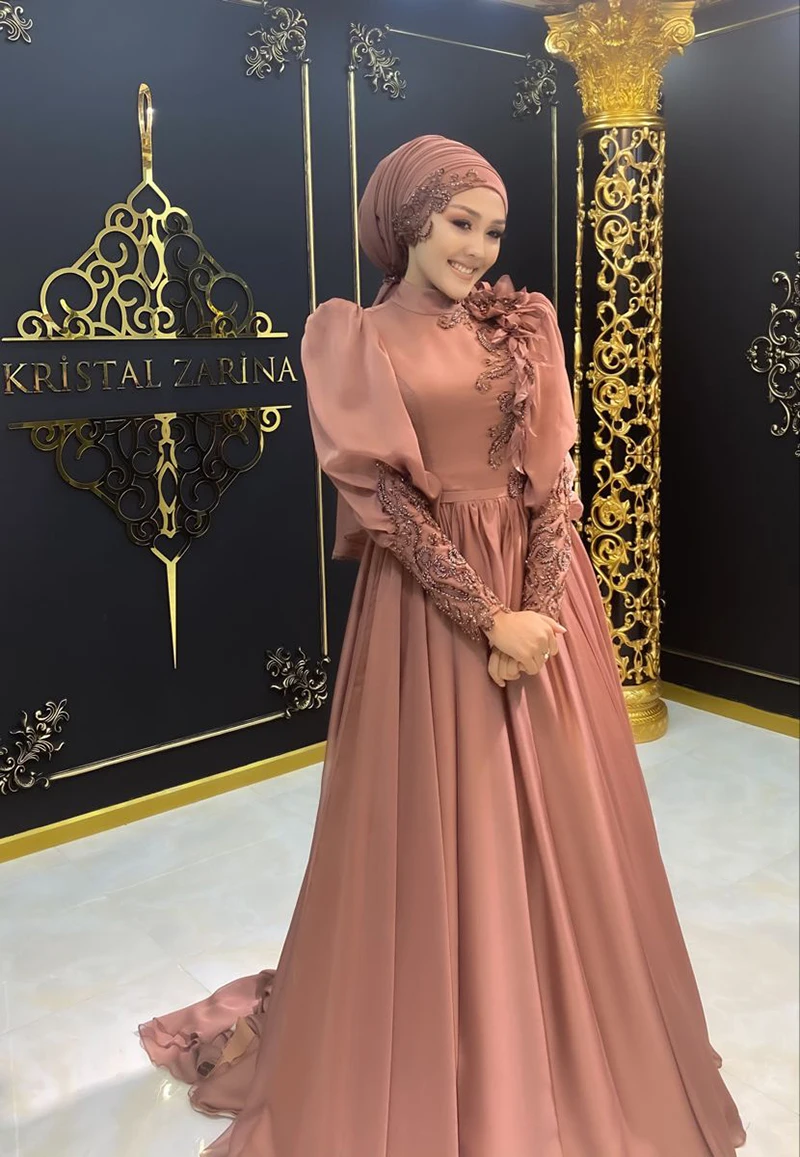 Groene Lange Mouwen Hijab Moslim Avondjurken Hoge Hals Marokkaanse Caftan Satin Kralen Een Lijn Formele Party Gown Robe De soiree