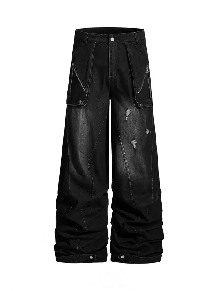 

American Style Retro High Quality Hole Pleated Multi-Pocket Design Straight Jeans For Man Washing Wide Leg Cargo Pants