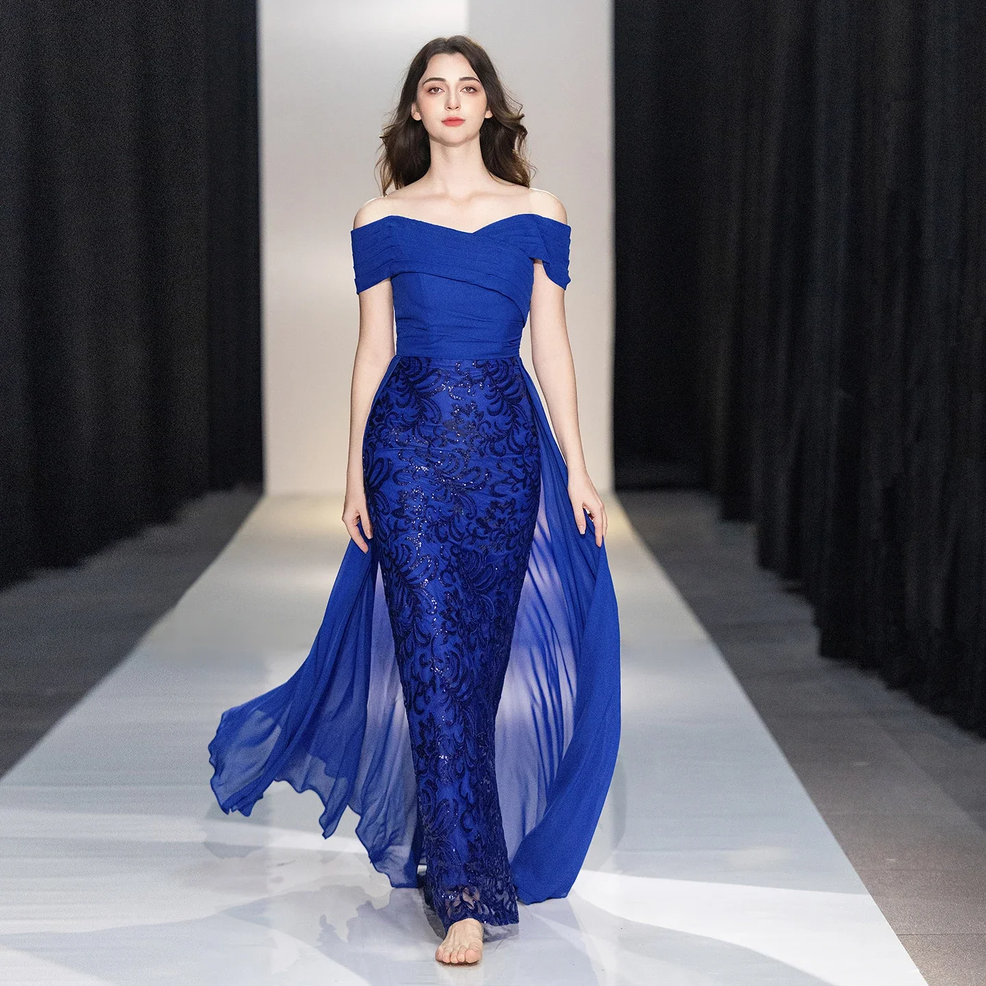 Royal Blue Off Shoulder Mermaid Evening Dress Floral Sequin Chiffon Side Train Floor Length Mother Of Bride Formal Gown image 4
