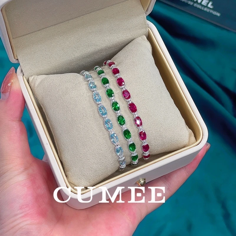 CUMEE 925 Sterling Silver Bracelet for Women Gemstone Ruby Sapphire Red Green Bracelet 18K Gold Plating