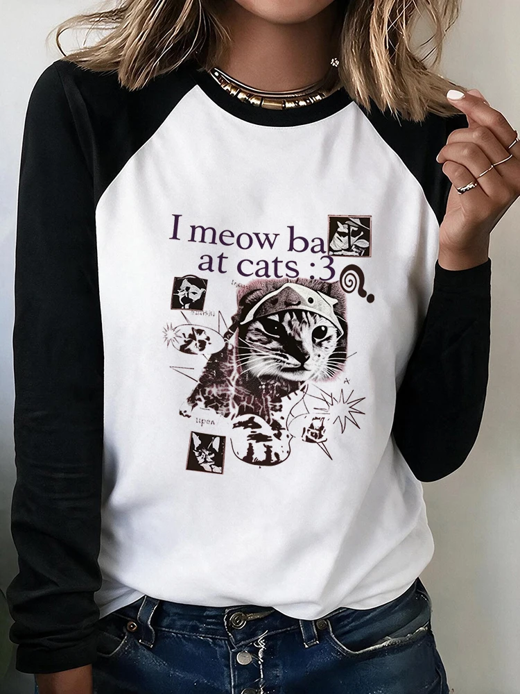Women's American Vintage Style T-Shirt with Fun Cat Print Casual Raglan Long Sleeve Tshirt Cute Little Kitten Clothes Streetwear