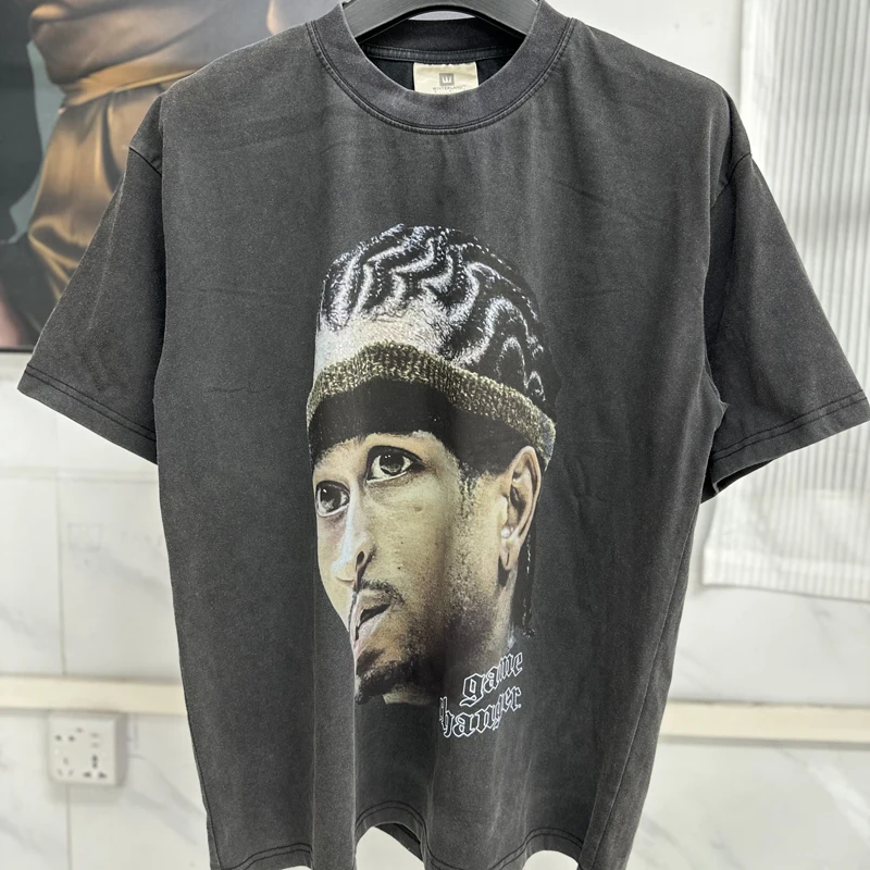 

High Street Washed Do Old KANYE WEST Short Sleeve Trend Men Women Loose Top Tee Basketball Figure Print Kanye West T-shirt