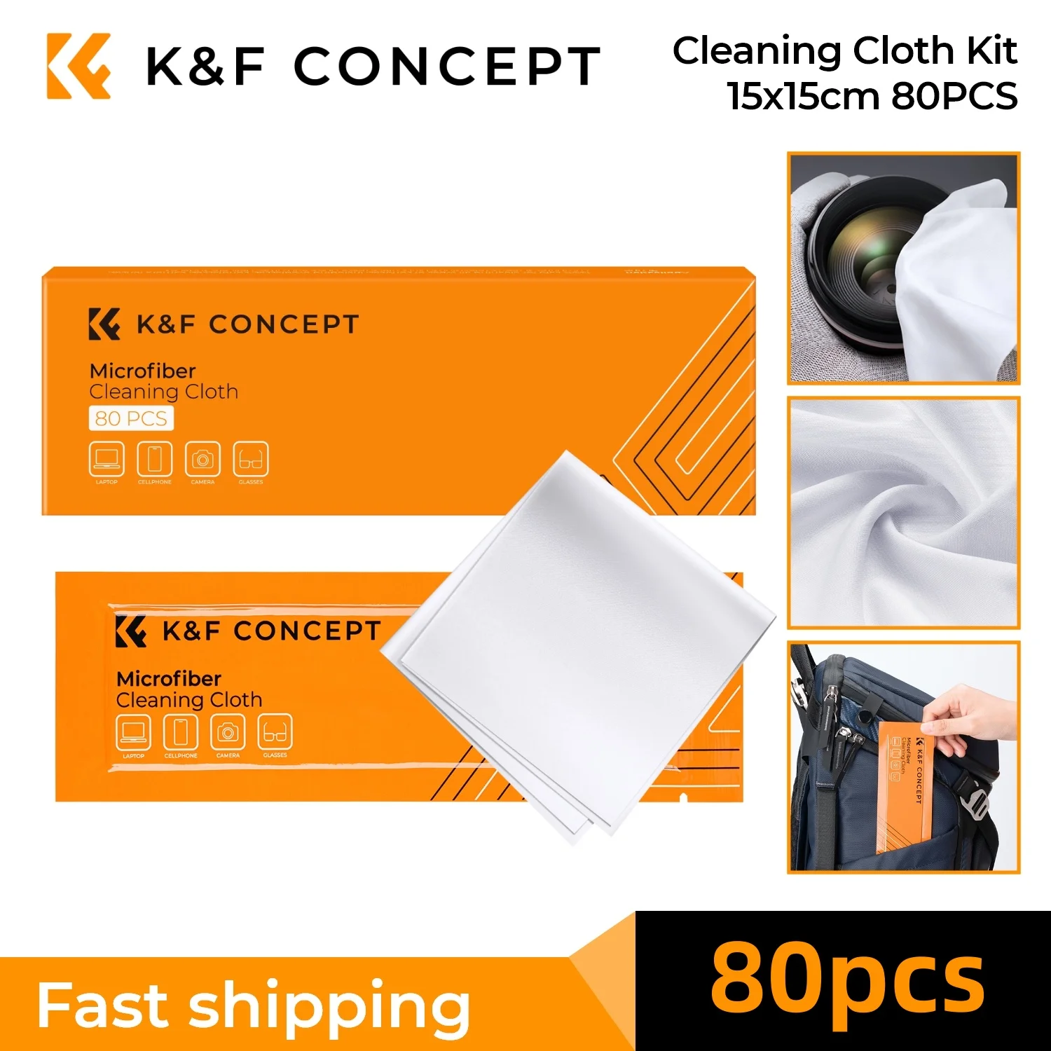 K&F CONCEPT 80/40/20/10 stuks individueel vacuüm verpakte microvezelreinigingsdoekjes voor cameralens, brillen, telefoons, scherm 15x15cm