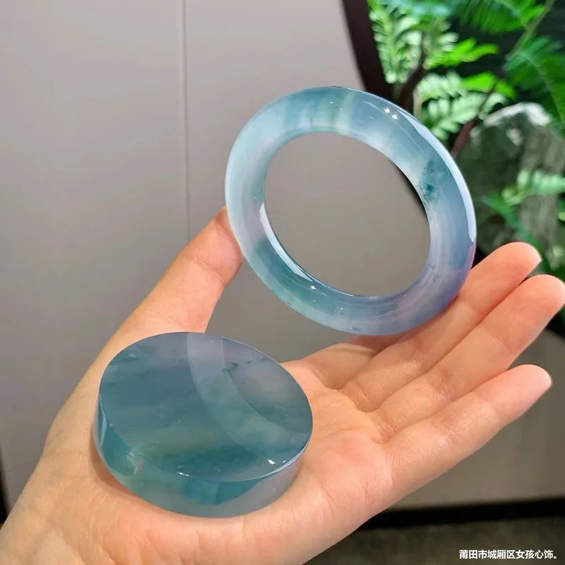 Natural Burmese high-quality ice with blue floral patterns, round bar, old mine glass jadeite bracelet for girl