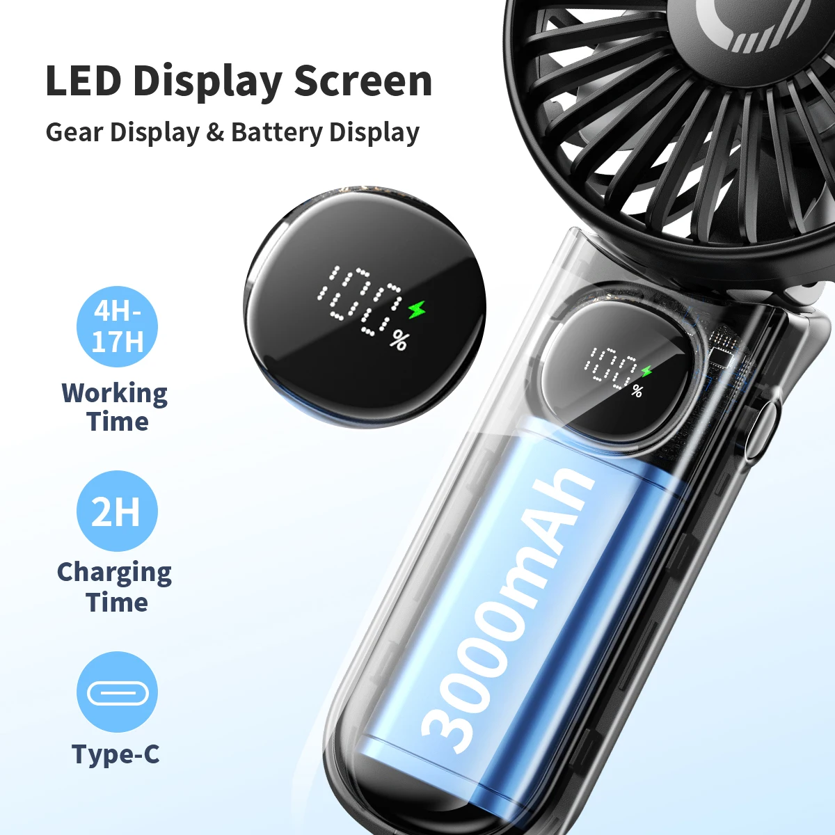 coldSky Handheld Fan 3 in 1 Foldable Portable Fan with LED Display 3000mAh Battery Operated Mini HandHeld Fan for Travel Outdoor