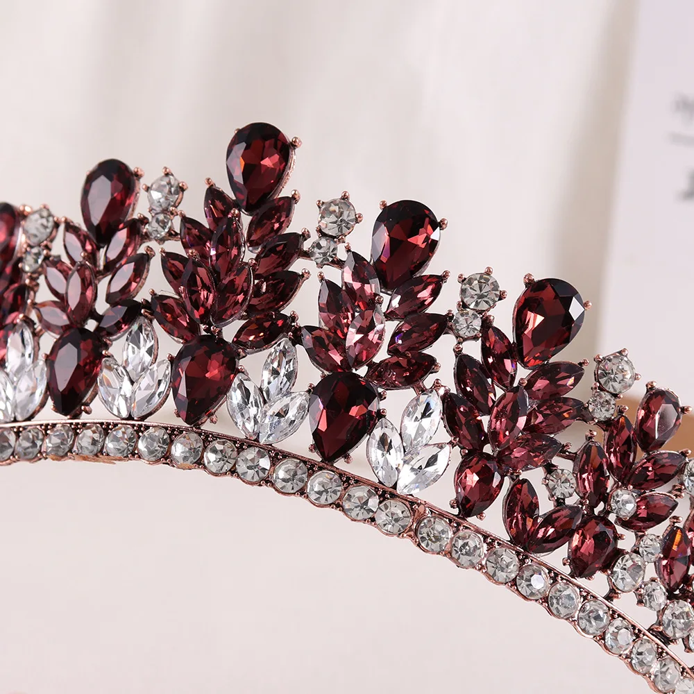 Baroque Retro Forest Wine Red Crystal Diadem Leaf Tiaras Royal Queen Bridal Crown Luxury Wedding Dress Hair Costume Accessories