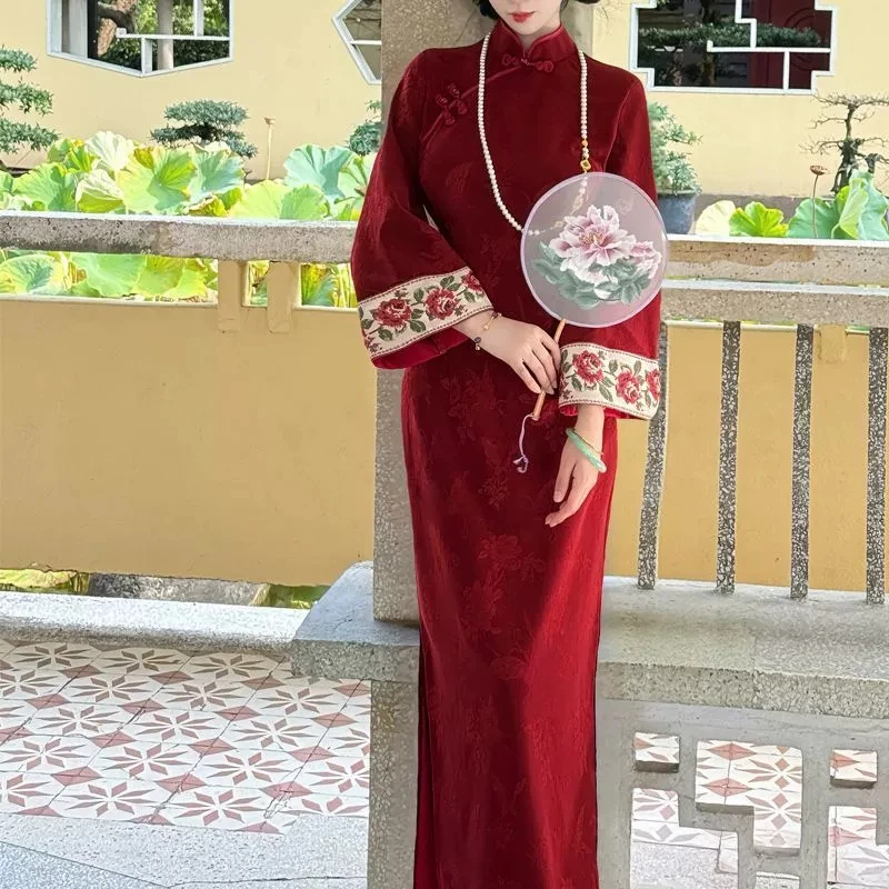 

2026 женский винтажный комбинезон Cheongsam с длинными рукавами и вышивкой на талии, длинная юбка