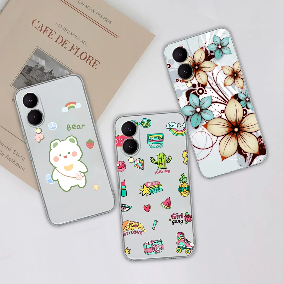 Cases For Vivo Y17s 4G Pretty Daisy Cute Cat Bear Cartoon Pattern Transparent TPU Cover For VivoY17s Printing Coque Phone Funda