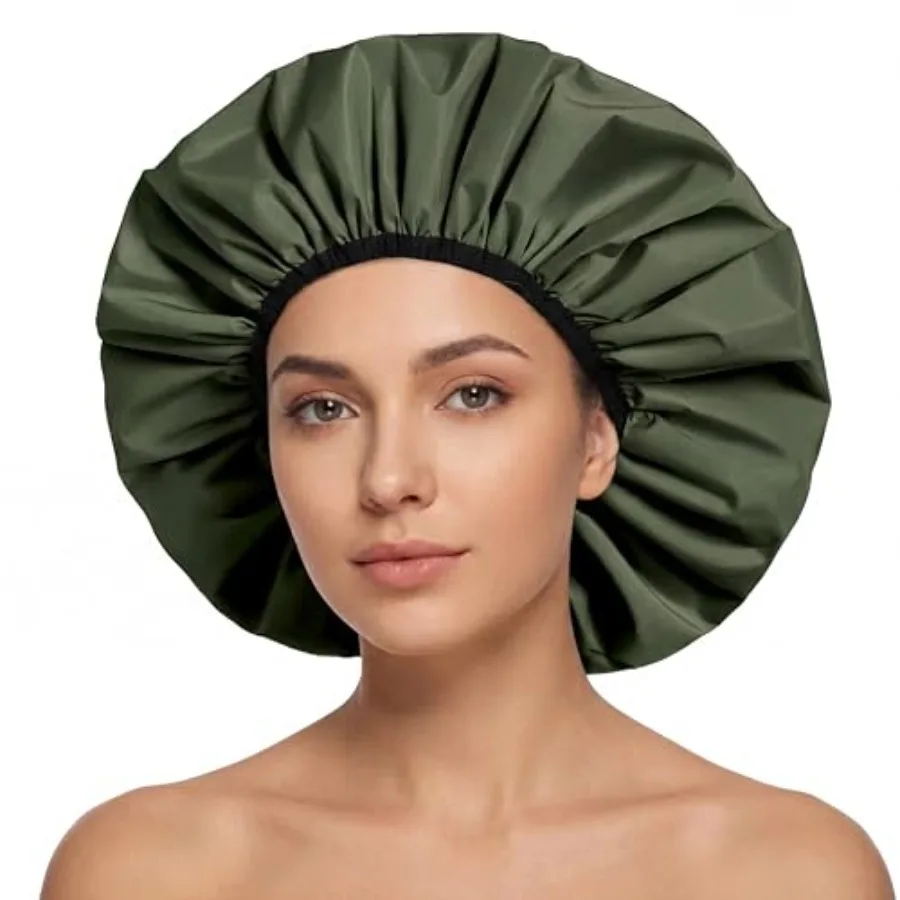 

Extra Large Shower Cap for Women, Reusable Waterproof Shower Bonnet with Satin Lining, Double Layer Washable Bath Hair Cap for