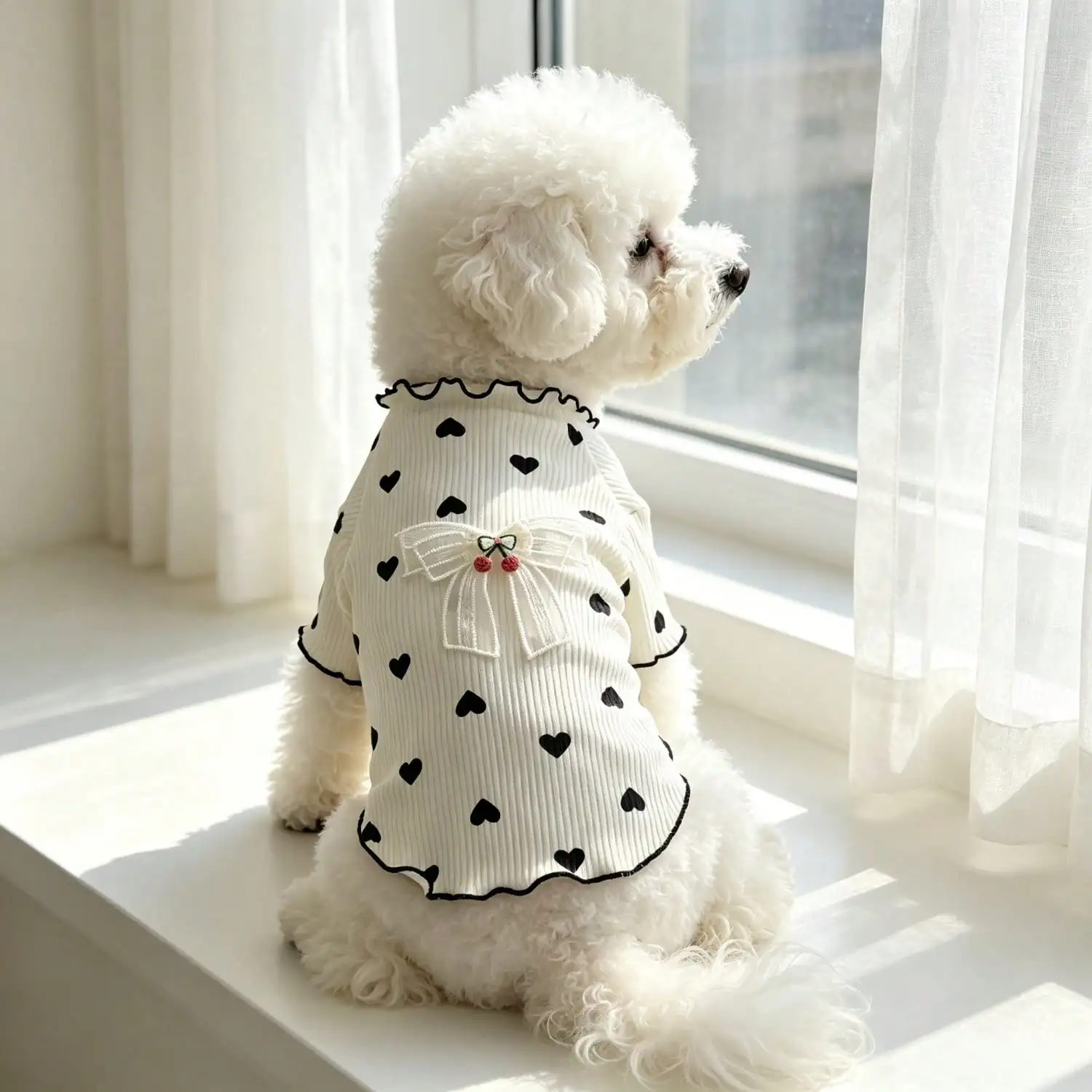 1 Stück Haustier-Hundetop mit Herz-Print, Rüschenbesatz, niedlicher Netzschleife und Kirschdekoration, Pullover-Shirt, weiche Strickkleidung – Detail 4