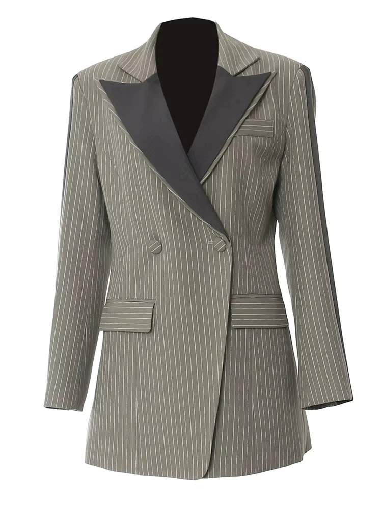 

Women Green Striped Color-block Elegant Blazer New Lapel Long Sleeve Jacket Fashion Tide Spring Autumn 2024 1DH6394