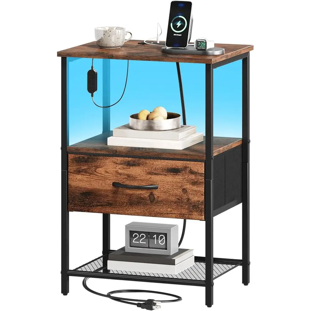 

LED-lit Charging Nightstand for Bedrooms, Dorms, and Hallways - Wood Grain Finish
