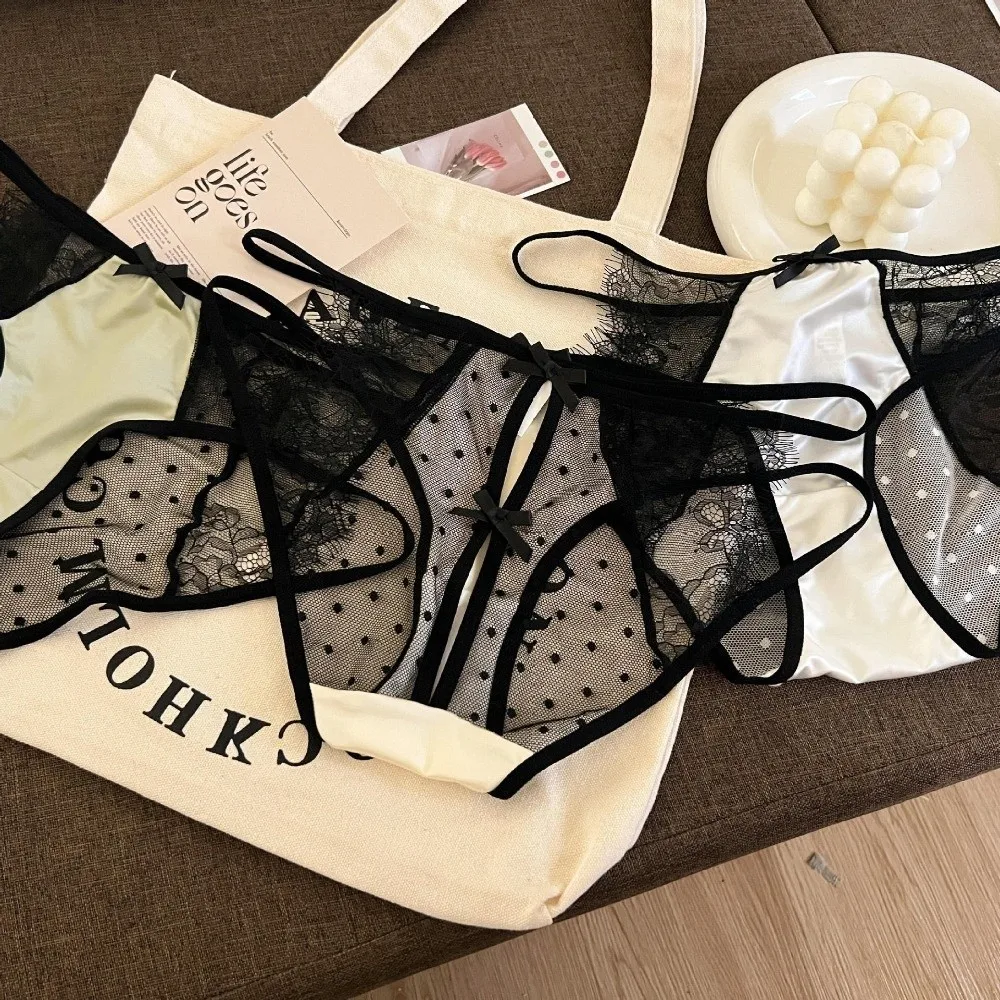 Culottes taille basse pour femmes, en maille transparente, dentelle délicate, avec nœud ajouré, en satin de soie, pour fille