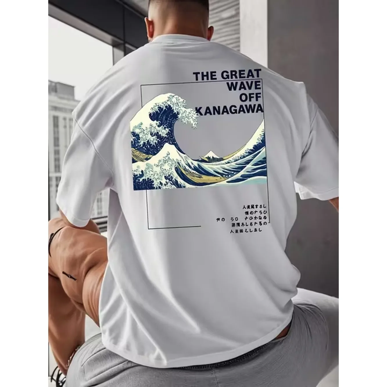 Mens Japanese Wave And T Shirt Japanese And Chinese Character Print With E Loose Casual Short Sleeve Round Neck Summer Top White With And Japanese Text Clothing For Fans