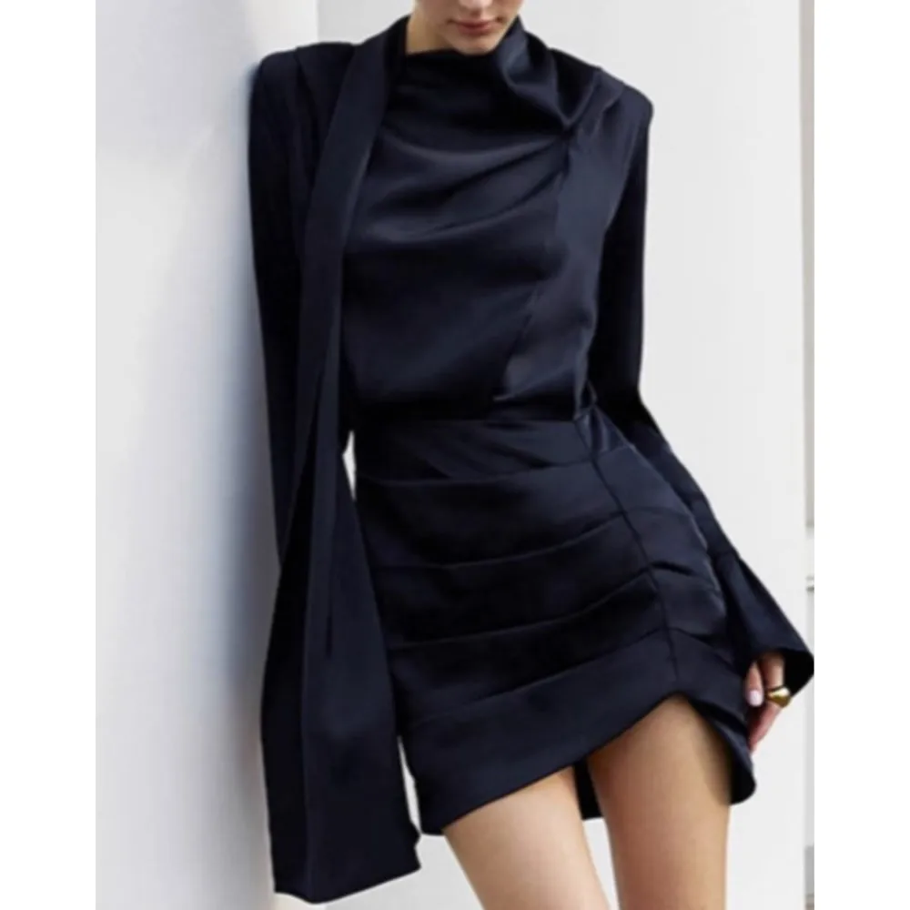 

Irregular Navy Blue Long-sleeved Dress For Women New Autumn Winter Short Dress Trumpet Sleeves Slim-fitting Hip Frock Ropa Mujer