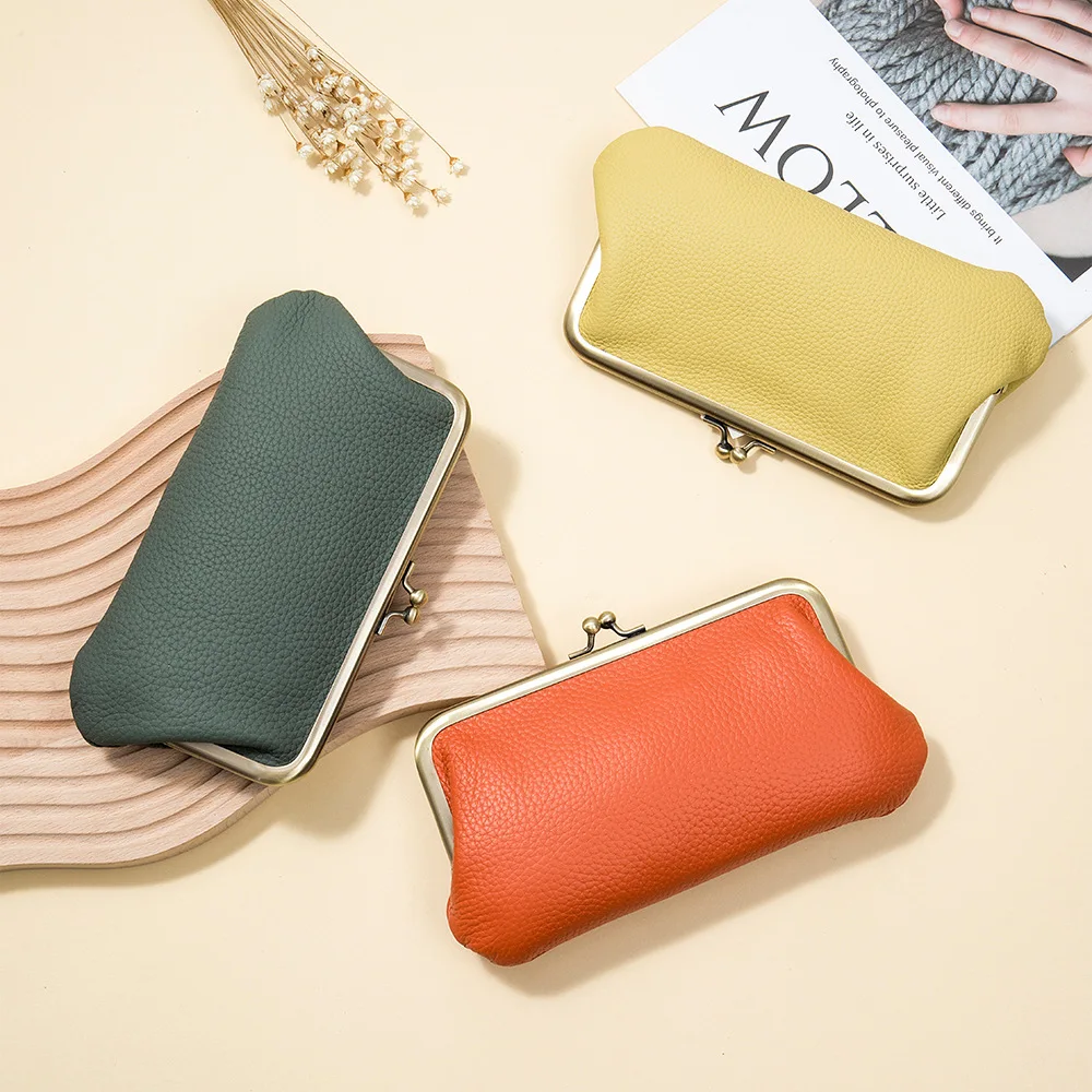 2024New Clutch Purses for Women Genuine Cow Leather Coin Purse Card Holder Fashion Casual Kiss Lock Phone Wallet Party Bag