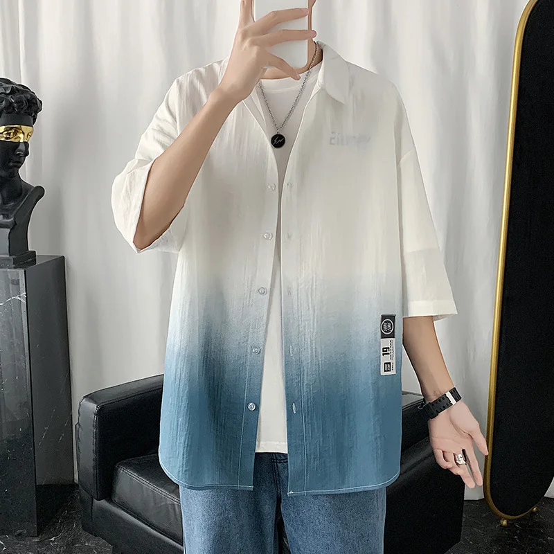 

2023 Summer New Comfortable Ice Silk Men Shirt 7/4 Short Sleeve Flax Mens Shirts Casual Male Shirt Coat