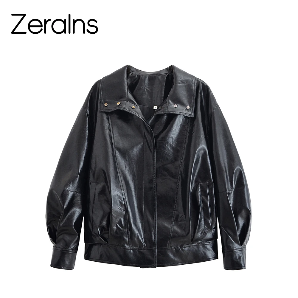 

ZERAINS Autumn New Product Women's Wear American High Collar Pilot Black Neutral Wind Leather Jacket Jacket