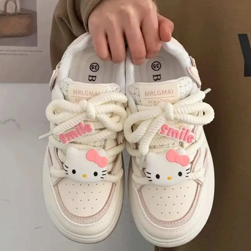 Sanrioed hello kitty tênis kawaii sapatos femininos moda respirável sapatos esportivos de couro dos desenhos animados bonito pochacco menina skate