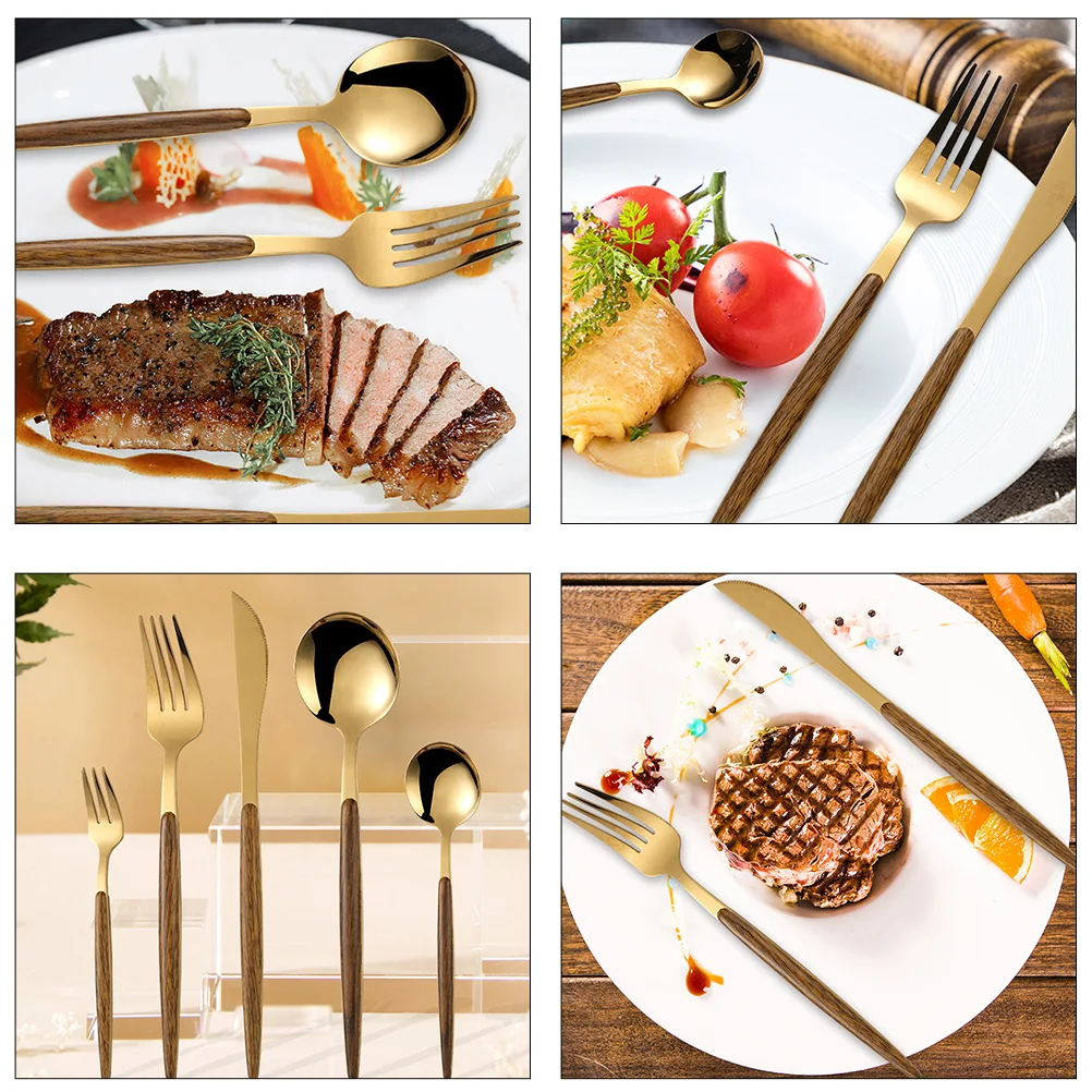 

1 set Golden Knife Fork Spoon Set Western Dinnerware Stainless Steel Wood Tableware Restaurant Home Party Camp Elegant Modern