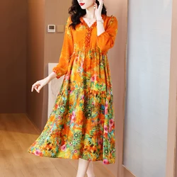 Famle Floral Chiffon Chic Ruffled V-Neck Long Dress Summer Fashion Bodycon Party Vestidos Prom 2024 Korean Vintage Evening Dress