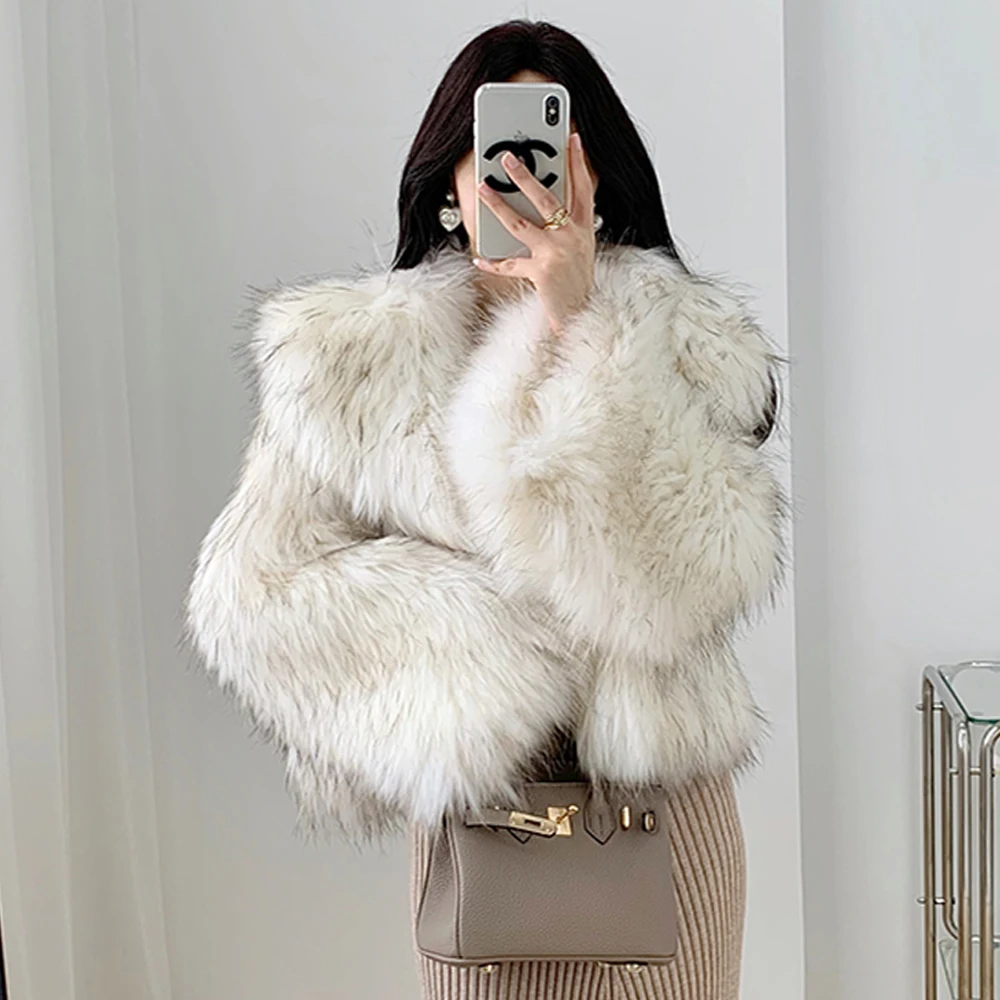 

Fluffy Luxury Fur Knitted Outerwear Women Winter Real Natural Raccoon Fur Overcoat Natural Fur Collar Short Coat Length 45cm