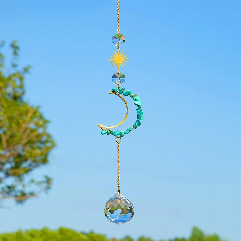 

Crystal Wall Hanging Crystal Suncatcher Shape of the Moon Colourful Crystal Wind Chime Raw Stone Moon Prism Pendant Garden