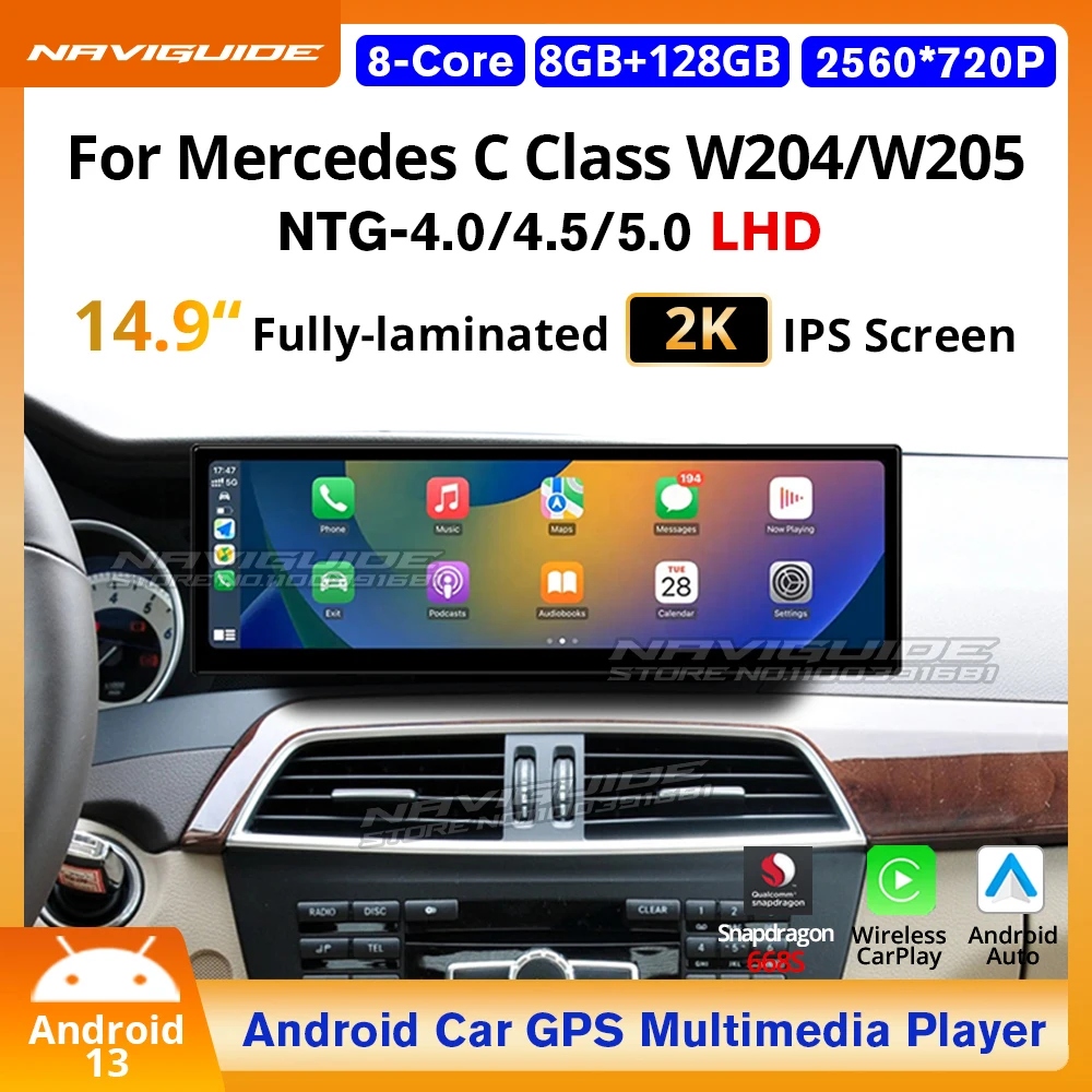 NAVIGUIDE 14.9'' For Mercedes C Class W204 W205 LHD Wireless Carplay Auto Multimedia Player GPS Navi Headunit Stereo Android 13