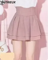 Japanese Lolita Skirts Ruffled Pleated Plaid Skirt Women 2025 Spring New Elastic High Waist Slimming Gentle Mini Skirt Culottes