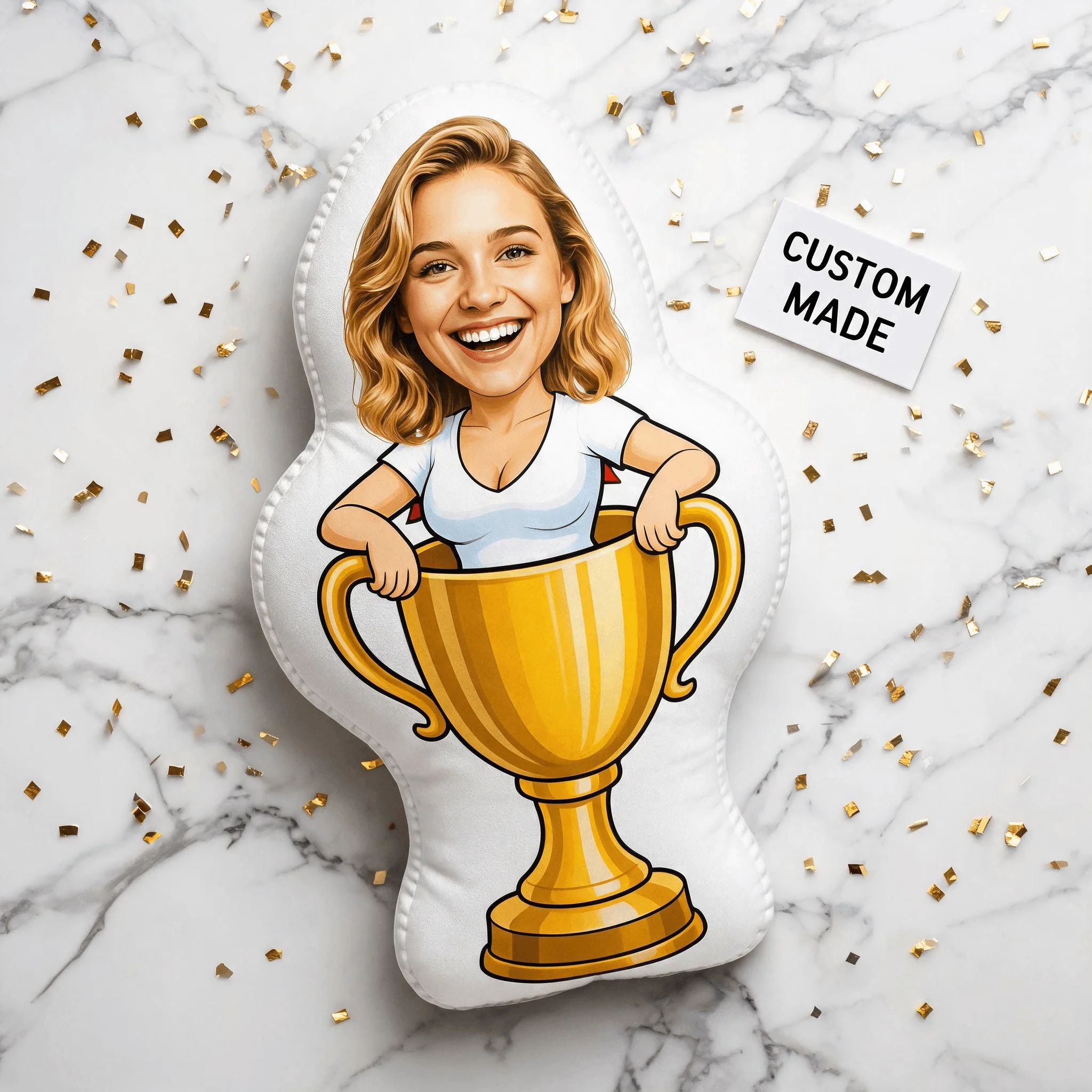 Custom Personalized Photo Face Pillow, Funny Woman Holding Golden Trophy Custom Shaped Decorative Cushion, Unique Home Decor Acc