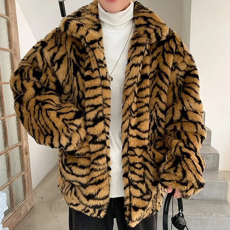 Faux Fur Coat For Men Turn-down Collar Tiger Leopard Imitate Fur Jacket Thick Winter Warm Fluffy Plush Loose Jumper Outwear