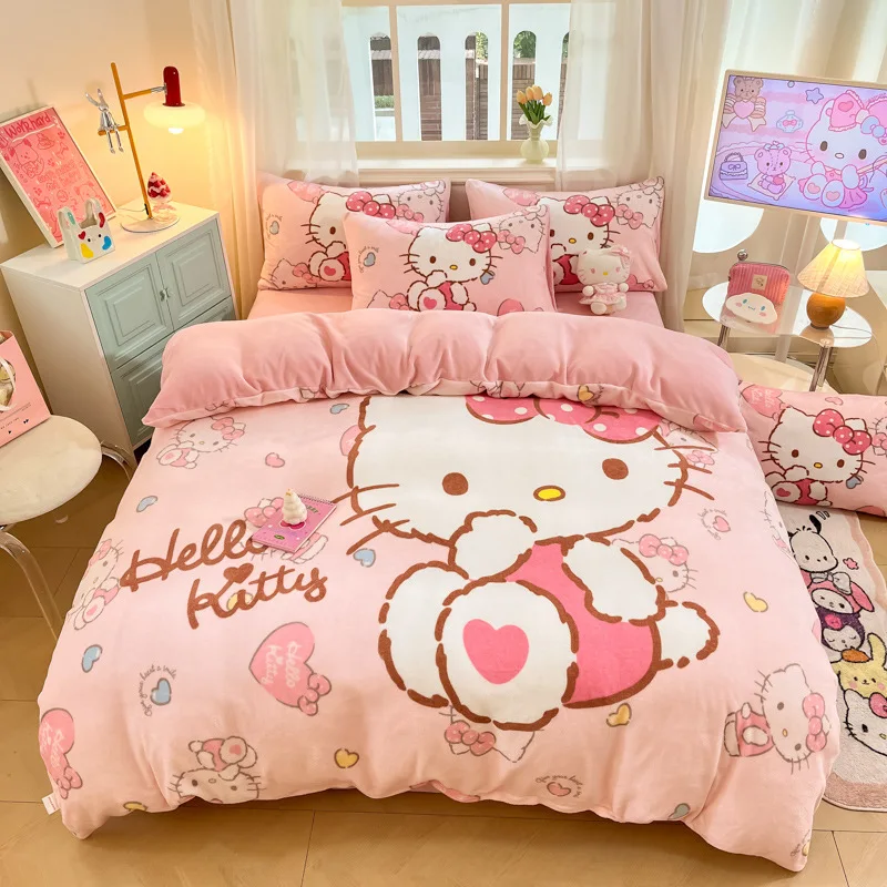 Sanrio Three Piece Cartoon Character Kuromi Pochacco Bedsheet Cute Hello Kitties MyMelody Home Thickened Milk Velvet 4-piece Set