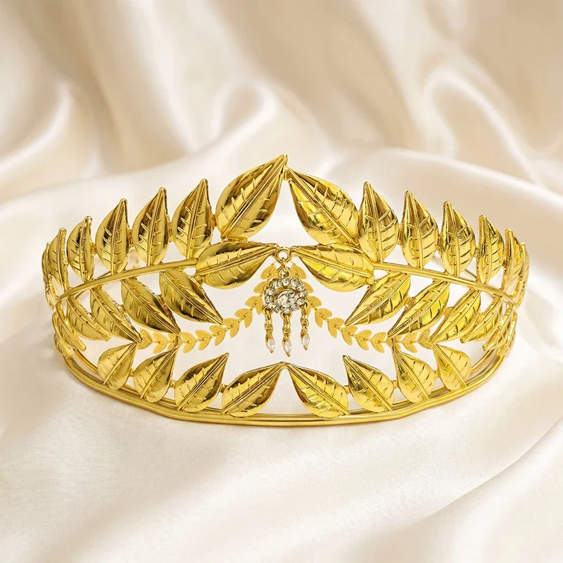 Vintage Gold Leaf Crown Rhinestone Drop Roman Style Bridal Headpiece for Wedding Party Prom Pageant Jewelry Accessories