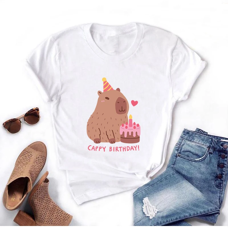 Capy Birthday T Shirt capibara Cartoon Print maglietta Unisex Harajuku Streetwear o-collo donna uomo T-Shirt moda Casual regalo top