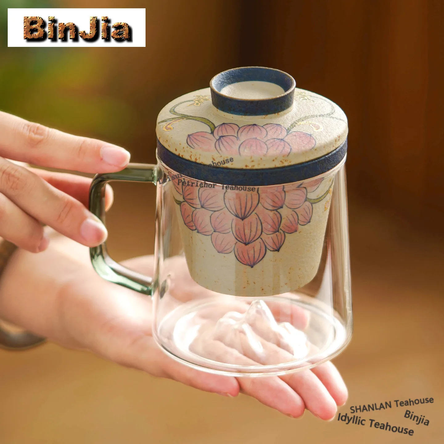 

Чайная кружка-сепаратор с ручной росписью «Лотос», 453 мл, винтажная, для молока, с инфузером, для офиса, посуда для напитков