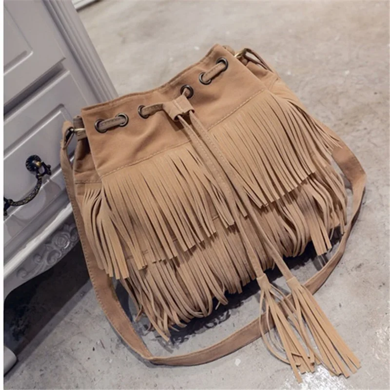 Retro Faux Suede Fringe Women Messenger Bags Tote New Handbag Tassel Shoulder Handbags Crossbody Bag Bucket