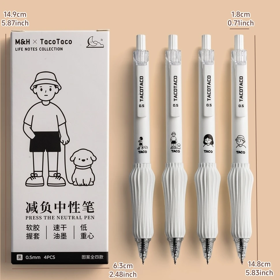 4pcs Cartoon Life Gel Pens Set TacoTaco Human & Pets 0.5mm Ballpoint Quick-dry Black Color Ink for Writing School A7720