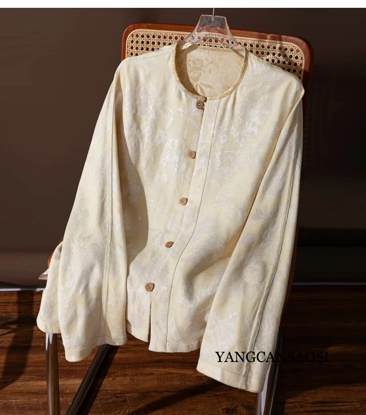 Kemeja Emas Wanita Berbahan Sutra Mulberry Alami 35% dan Wol 65% dengan Kerah Bulat dan Lengan Panjang yang Modis