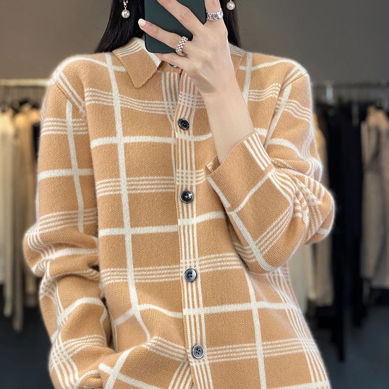 

2023 Spring and Autumn New 100% Wool Plaid Cardigan Women's polo Neck Loose Colour-matching Sweater Wool Shirt Jacket