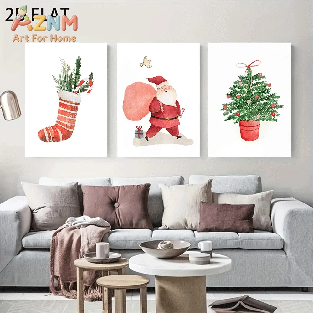 AZNM Watercolor Santa Claus Christmas Stocking Potted Xmas Tree Canvas Wall Art, Festive Red Winter Holiday Gift Bird Element Pr