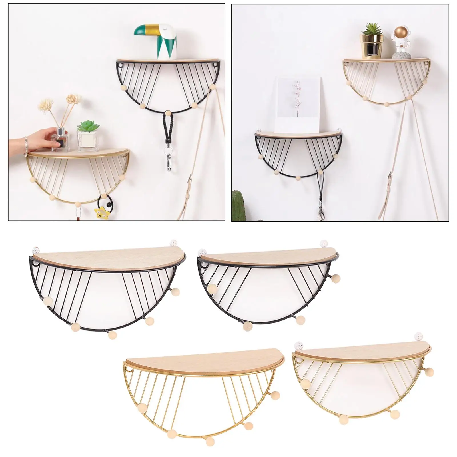 Mounted Floating Shelf Rack Semicircle Storage Organizer Stand w/ Hook for