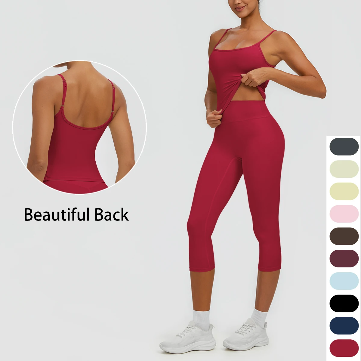 Strap Vest and Legging Capri Pants Yoga Set Woman Sports Gym Push Up Quick Drying Pants Sexy Backless Thin Shoulder Straps Vest