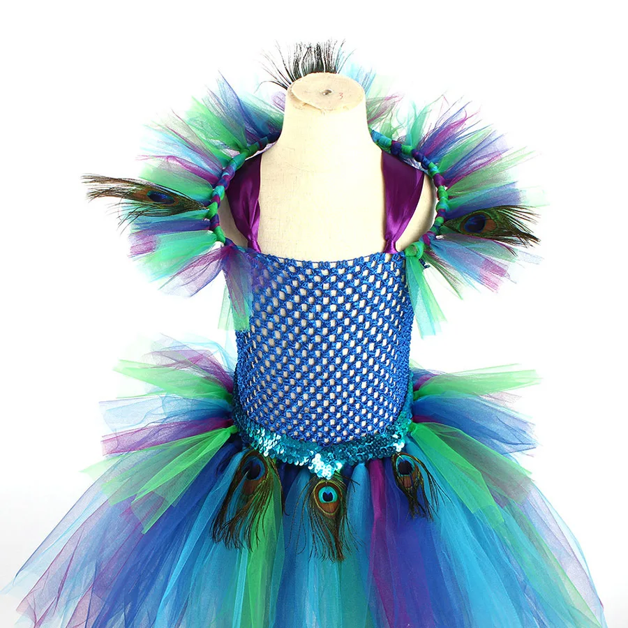 Peacock Enfant Kleid, Pfauenfeder-Cosplay, Karnevalskostüme für Kinder, Halloween, Karneval, Purim, Pfauen-Prinzessinnen-Set – Detail 19