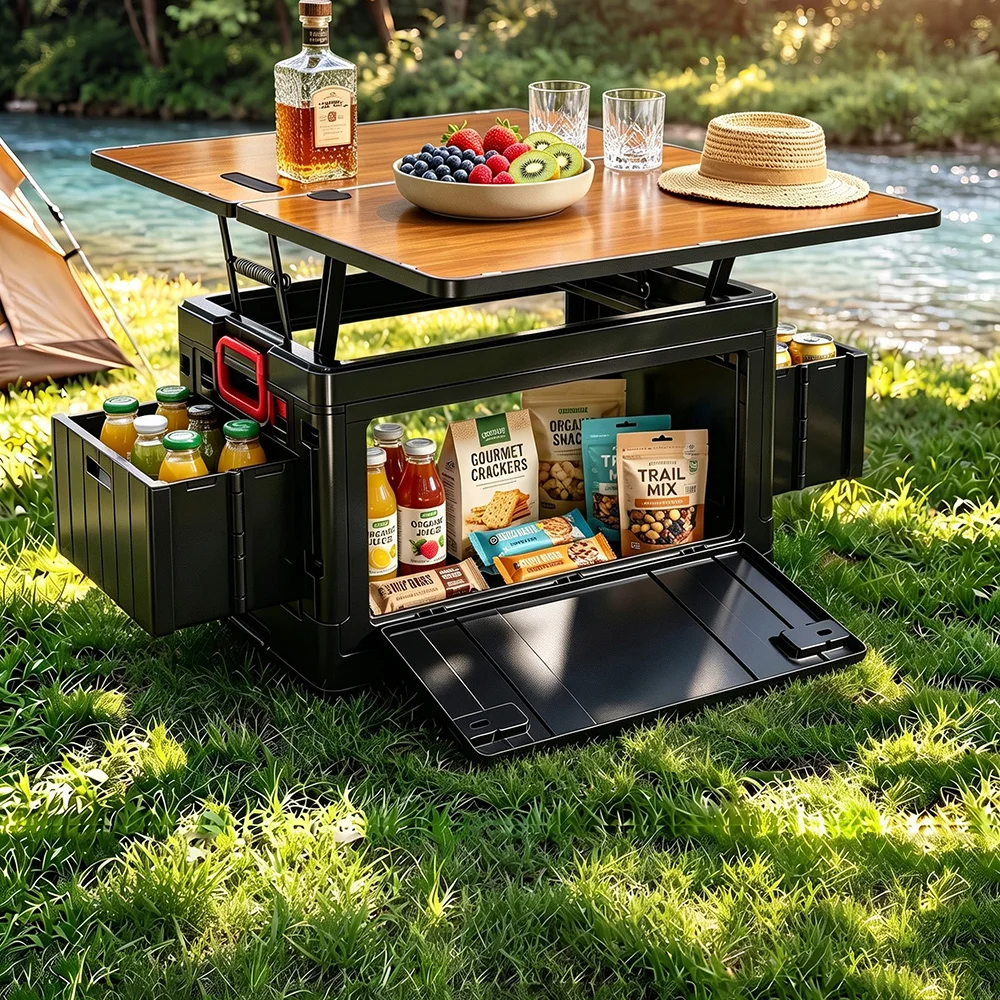 Multifunktionale Camping-Aufbewahrungsbox, verstellbarer Tisch mit Hebefunktion, faltbarer Organizer für Picknick und Kofferraum im Freien