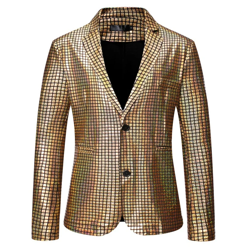 Fashion Trend Men Rainbow Plaid Suit Jacket Gold Silver Male Dance Party Casual Thin Loose Blazer Coats